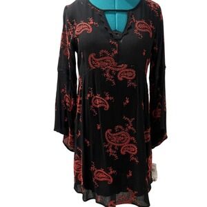 NWT Way-In Womens Medium Black Dress Red Paisley Pattern Bell Sleeves Boho